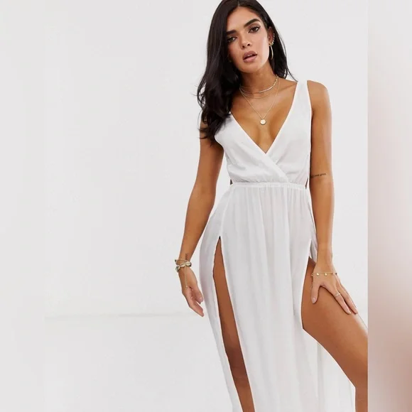ASOS DESIGN tie back cross front split maxi beach dress in white size medium - Picture 4 of 11